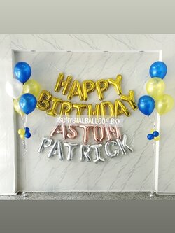 ฟอยล์ตัวอักษร ติดผนัง วันเกิดเด็ก ฟอยล์ตัวอักษร Happy Birthday ขนาด 16" สีทอง 1 ชิ้น พร้อม ฟอยล์ตัวอักษรชื่อ 12 ตัวอักษร,ช่อลูกโป่ง ช่อ 5 ลูก 2 ช่อ พร้อมตกแต่ง สามารถเปลี่ยนสีลูกโป่ง/เปลี่ยนสี-ฟอยล์ตัวอักษรได้
