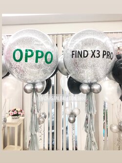 ลูกโป่ง Grand Opening Bubble ขนาด 36" 2 ลูก Theme ดำ-เงินโครเมี่ยม พร้อมตกแต่ง ช่อลูกโป่งฟอยล์หัวใจ ขนาด 18" 4 ช่อ สามารถเปลี่ยนสีลูกโป่ง/เปลี่ยนข้อความ/เปลี่ยนขนาดได้