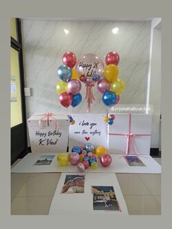 Jumbo Box 36" Happy Birthday Surprise Box กล่องเซอร์ไพรส์วันเกิด Bubble USA ขนาด 24"กลิตเตอร์สีชมพู ,ลูกโป่งช่อ 7 ลูก 2 ช่อ, พร้อมตกแต่ง สามารถใส่รูปได้ 4 ใบ สามารถเปลี่ยนสีลูกโป่ง/เปลี่ยนข้อความได้