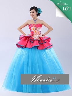 พร้อมเช่า ชุดแฟนซี ชุดราตรียาว เกาะอก สีฟ้า แต่งระบายสีบานเย็นสวย สองชั้น