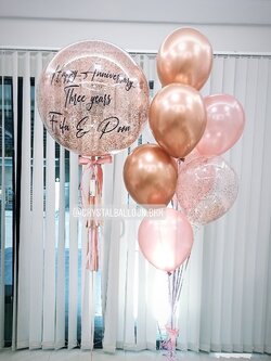 ลูกโป่ง Happy Anniversary วันครบรอบ Bubble ขนาด 24" สีโรสโกล พร้อมตกแต่ง ช่อลูกโป่ง 9 ลูก 1 ช่อ,ลูกโป่งใส ใส่กลิตเตอร์ สามารถเปลี่ยนสีลูกโป่ง/เปลี่ยนข้อความ/เปลี่ยนขนาดได้