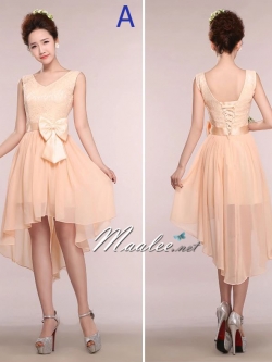 พร้อมเช่า ชุดเพื่อนเจ้าสาว สีครีมไข่ แบบ A แขนกุด หน้าสั้นหลังยาว แต่งลูกไม้ช่วงอก คาดโบว์ที่เอว (เชือกผูกด้านหลัง)