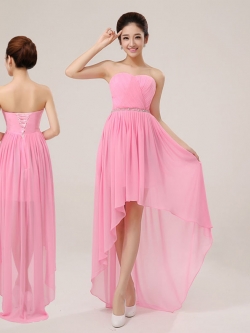 พร้อมเช่า ชุดราตรีสั้น เกาะอก หน้าสั้นหลังยาว สีชมพูอ่อน อัดพลีตหน้าอก คาดเอวคริสตัล