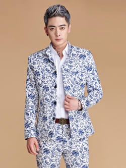 Pre-order ชุดสูทจีนชาย สีขาว พิมพ์ลายกราฟฟิกสีน้ำเงิน สไตล์จีน