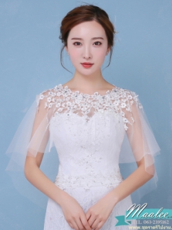 Preorder ผ้าคลุม /เสื้อคลุม ผ้าตาข่าย แต่งลูกไม้ช่วงบน สีขาว