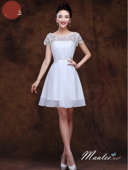 พร้อมเช่า ชุดราตรีสั้น ลูกไม้ กระโปรงผ้าชีฟอง อกจับจีบ เรียบหรู สีขาว (เชือกผูกหลัง)