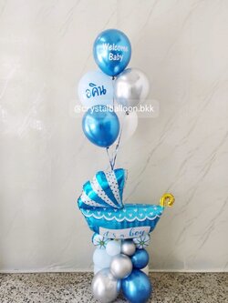 ลูกโป่ง Welcome Baby ฟอยล์รถเข็น สีฟ้า ตั้งฐาน 1 ชิ้น พร้อม ช่อลูกโป่งสีโครเมี่ยม ช่อ 5 ลูก 1 ช่อ พร้อมตกแต่ง สามารถเปลี่ยนสีลูกโป่ง/เปลี่ยนข้อความ/เปลี่ยนสี-ฟอยล์ตกแต่งได้