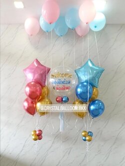 ลูกโป่ง Welcome Baby Twins Bubble ขนาด 24" กลิตเตอร์สีขาว 1 ลูก พร้อม ช่อลูกโป่งฟอยล์ดาว ขนาด 24" ช่อ 5 ลูก 2 ช่อ,ลูกโป่งลอยฝ้า 8 ลูก Theme น้ำเงินโครเมี่ยม-ชมพูแชมเปญโครเมี่ยม พร้อมตกแต่ง สามารถเปลี่ยนสีลูกโป่ง/เปลี่ยนข้อความ/เปลี่ยนขนาดได้