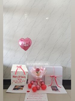 Happy Brithday Surprise Box กล่องเซอร์ไพรส์วันเกิด พร้อมตกแต่ง ช่อดอกกุหลาบ 1 ดอก,ฟอยล์หัวใจ 1 ชิ้น ,ใส่รูปได้ 2 ใบ, สามารถเปลี่ยนสีลูกโป่ง/ข้อความได้