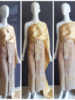 เช่า ชุดไทย ชุดเพื่อนเจ้าสาว ชุดไทยผ้าถุงสีเทาชาทอง สไบเรียบสีทอง