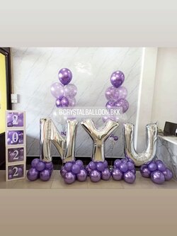 ลูกโป่ง เปิดงาน-เปิดร้าน ช่อลูกโป่ง 7 ลูก 2 ช่อ Theme สีม่วง พร้อมตกแต่ง ฟอยล์ตัวอักษร ขนาด 40" ตั้งฐาน 3 ชิ้น,กล่องใส ติดข้อความ 4 กล่อง,ลูกโป่งใส ใส่กลิตเตอร์ สามารถเปลี่ยนสีลูกโป่ง/เปลี่ยนสี-ฟอยล์ตัวอักษร/เปลี่ยนข้อความได้