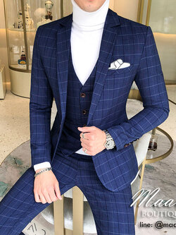 พร้อมเช่า ชุดสูทชาย สีน้ำเงิน ลายตาราง ทรงเข้ารูป สไตล์เกาหลี พร้อมเสื้อกั๊ก