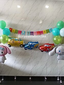 ลูกโป่ง วันเกิด ช่อลูกโป่ง ช่อ 5 ลูก 2 ช่อ โทนสีเขียว พร้อม ป้ายธง Happy Birthday หลากสี 1 ชิ้น,ฟอยล์รถ 3 ชิ้น,ฟอยล์มายเมโลดี้ 1 ชิ้น,ฟอยล์ซินามอโรล 1 ชิ้น พร้อมตกแต่ง สามารถเปลี่ยนสีลูกโป่ง/เปลี่ยนสี-ป้ายธง/เปลี่ยนสี-ฟอยล์ตัวเลข/เปลี่ยนฟอยล์ตกแต่งได้