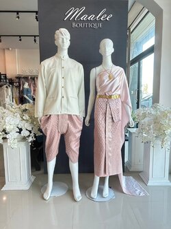 เช่า ชุดไทย ชุดเพื่อนเจ้าสาว ชุดไทยผ้าถุงสีโอวัลตินชมพูเงิน สไบเรียบ สีชมพู