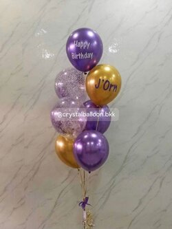 ลูกโป่ง วันเกิด ช่อลูกโป่งสีทองโครเมี่ยม/ม่วงโครเมี่ยม ช่อ 7 ลูก 1 ช่อ ลูกโป่งใส ใส่กลิตเตอร์สีม่วง พร้อมตกแต่ง สามารถเปลี่ยนสีลูกโป่งได้