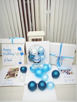 Happy Birthday Surprise Box กล่องเซอร์ไพรส์วันเกิด โทนสีฟ้า Bubble ตั้งฐาน สามารถใส่เงินได้ พร้อมตกแต่ง สามารถใส่รูปได้ 2 ใบ สามารถเปลี่ยนสีลูกโป่ง/เปลี่ยนข้อความได้