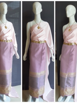 เช่า ชุดไทย ชุดเพื่อนเจ้าสาว ชุดไทยผ้าซิ่นสีเทาชมพู สไบเรียบชมพูอ่อน