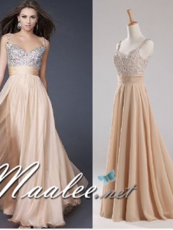 พร้อมเช่า ชุดราตรียาว สายเดี่ยว ผ้าชีฟอง แต่งด้วยเลื่อม จับจีบช่วงเอว โชว์หลังSexy สีครีม Champagne แชมเปญ