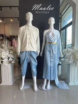 เช่า ชุดไทย ชุดเพื่อนเจ้าสาว ชุดไทยผ้าถุงสีฟ้าเทาเงิน สไบเรียบสีฟ้าอ่อน