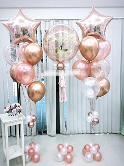 ลูกโป่ง วันเกิด Bubble ขนาด 24" สีโรสโกล พร้อม ช่อลูกโป่ง 2 ช่อ,ฟอยล์ดาว ขนาด 24" 2 ชิ้น,ลูกโป่งใส ใส่กลิตเตอร์ พร้อมตกเเต่ง สามารถเปลี่ยนสีลูกโป่ง/เปลี่ยนสี-ฟอยล์ตกแต่ง/เปลี่ยนข้อความ/เปลี่ยนขนาดได้
