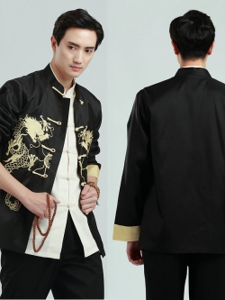 Pre-order ชุดจีน ชาย เสื้อคอจีน ผ้าไหมจีน สีดำ ปักลายมังกร