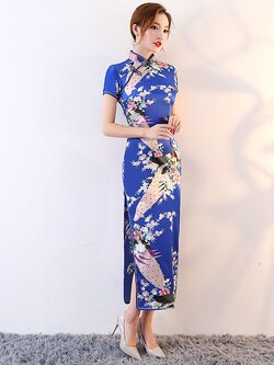 Pre-order กี่เพ้า สีน้ำเงิน แขนสั้น ลายนกยูง ตัดเย็บอย่างดี