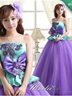 พร้อมเช่า ชุดแฟนซี ชุดราตรียาว เกาะอก Two tone สีม่วง เขียวมิ้นต์ แต่งลูกไม้