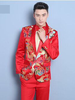 Pre-order ชุดสูทจีนชาย สีแดงปกคอแดง พิมพ์ลายกราฟฟิก