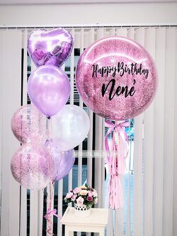 ลูกโป่ง วันเกิด Bubble ขนาด 24" Theme สีม่วง พร้อม ช่อลูกโป่งฟอยล์หัวใจ 1 ช่อ,ลูกโป่งใส ใส่กลิตเตอร์ พร้อมตกเเต่ง สามารถเปลี่ยนสีลูกโป่ง/เปลี่ยนข้อความ/เปลี่ยนขนาดได้