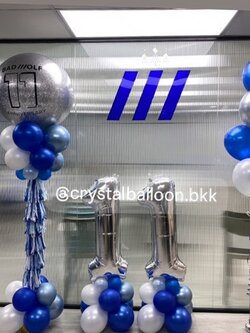 เสาลูกโป่ง เปิดร้าน Bubble ขนาด 36" กลิตเตอร์สีเงิน 1 เสา พร้อม ช่อลูกโป่ง ช่อ 7 ลูก 1 ช่อ , ฟอยล์ตัวเลข ตั้งฐาน ขนาด 40" 2 ชิ้น Theme น้ำเงิน - เงิน พร้อมตกแต่ง สามารถเปลี่ยนสีลูกโป่ง/เปลี่ยนข้อความได้