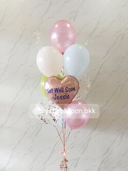 ลูกโป่งเยี่ยมไข้ พร้อม ฟอยล์หัวใจ ขนาด 18" 1 ชิ้น,ช่อลูกโป่ง 9 ลูก , ลูกโป่งใส ใส่กลิตเตอร์ พร้อมตกเเต่ง สามารถเปลี่ยนสีลูกโป่ง/เปลี่ยนข้อความ/เปลี่ยนสี-ฟอยล์ตกแต่งได้