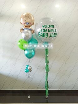 ลูกโป่ง Welcome Baby Bubble ขนาด 36" กลิตเตอร์สีเงิน พร้อม ช่อลูกโป่งฟอยล์เด็ก ช่อ 7 ลูก 1 ช่อ พร้อมตกแต่ง สามารถเปลี่ยนสีลูกโป่ง/เปลี่ยนข้อความ/เปลี่ยนขนาด/เปลี่ยนฟอยล์ตกแต่งได้