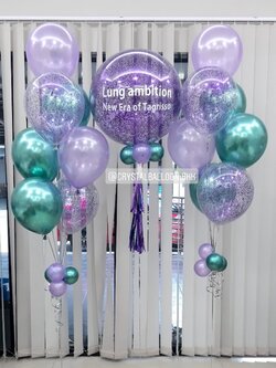 ลูกโป่ง Grand Opening Bubble ขนาด 24" Theme สีม่วง-เขียว พร้อมตกแต่ง ช่อลูกโป่ง 7 ลูก 2 ช่อ,ลูกโป่งใส ใส่กลิตเตอร์ สามารถเปลี่ยนสีลูกโป่ง/เปลี่ยนข้อความ/เปลี่ยนขนาดได้