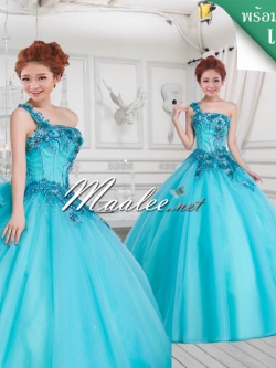 พร้อมเช่า ชุดแฟนซี ชุดราตรี ไหล่เดียว สีฟ้า แต่งเลื่อมน่ารัก ฟรุ้งฟริ้งมาก