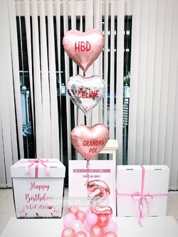 Happy Birthday Surprise Box ลูกโป่งฟอยล์หัวใจ ธีมสีชมพู ขนาด 18" 3 ชิ้น พร้อมตกแต่ง สามารถใส่รูปได้ 2 ใบ สามารถเปลี่ยนสีลูกโป่ง/เปลี่ยนข้อความได้
