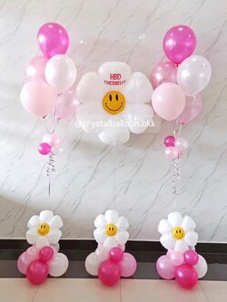 ลูกโป่ง วันเกิดเด็ก ฟอยล์ดอกเดซี่ ตั้งเดี่ยว 1 ชิ้น พร้อม ฟอยล์ดอกเดซี่จิ๋ว ตั้งฐาน 3 ชิ้น,ช่อลูกโป่ง ช่อ 5 ลูก 2 ช่อ Theme สีชมพู พร้อมตกแต่ง สามารถเปลี่ยนสีลูกโป่ง/เปลี่ยนข้อความได้