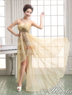 พร้อมเช่า ชุดราตรีสั้น เกาะอก สีทอง Champagne เข้ารูปปักเลื่อม อกแต่งผ้าชีฟอง หางปลาสามารถถอดได้