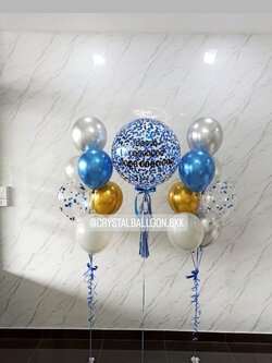 ลูกโป่ง วันเกิด Bubble ขนาด 24" Confetti สีน้ำเงิน พร้อมตกแต่ง ช่อลูกโป่ง 7 ลูก 2 ช่อ,ลูกโป่งใส ใส่ Confetti สามารถเปลี่ยนสีลูกโป่ง/เปลี่ยนข้อความ/เปลี่ยนขนาดได้