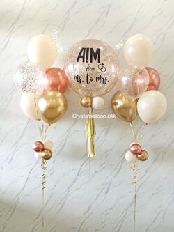 ลูกโป่ง Bride To Be Bubble ขนาด 24" กลิตเตอร์สีแชมเปญ 1 ลูก พร้อม ช่อลูกโป่ง ช่อ 5 ลูก 2 ช่อ พร้อมตกแต่ง สามารถเปลี่ยนสีลูกโป่ง/เปลี่ยนข้อความ/เปลี่ยนขนาดได้