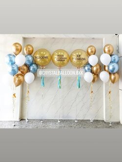 ลูกโป่ง เปิดงาน Bubble ขนาด 24" กลิตเตอร์สีทอง 3 ลูก พร้อม ช่อลูกโป่งสีโครเมี่ยม ช่อ 7 ลูก 4 ช่อ Theme สี Light Blue โครเมี่ยม-ทองอ่อนโครเมี่ยม พร้อมตกแต่ง สามารถเปลี่ยนสีลูกโป่ง/เปลี่ยนข้อความ/เปลี่ยนขนาดได้