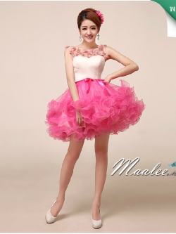 พร้อมเช่า ชุดแฟนซี ชุดราตรีสั้น กระโปรงผ้าแก้วย้วยพองฟู น่ารักมาก แต่งดอกไม้ช่วงอก สีชมพู