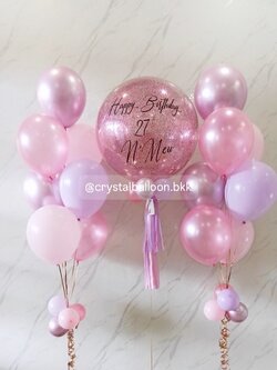 ลูกโป่ง วันเกิด Bubble ขนาด 24" กลิตเตอร์สีชมพู พร้อม ช่อลูกโป่ง ช่อ 7 ลูก 2 ช่อ Theme ชมพู - ม่วง พร้อมตกเเต่ง สามารถเปลี่ยนสีลูกโป่ง/เปลี่ยนข้อความ/เปลี่ยนขนาดได้