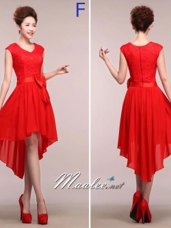 พร้อมเช่า ชุดเพื่อนเจ้าสาว PE-502 สีแดง แบบ F แขนกุด หน้าสั้นหลังยาว แต่งลูกไม้ช่วงอก คาดโบว์ที่เอว (ซิปหลัง)