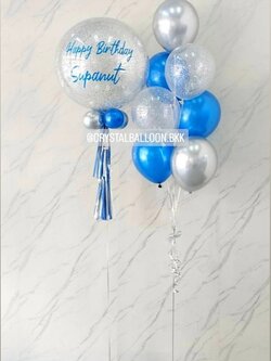 ลูกโป่ง วันเกิด Bubble ขนาด 24" กลิตเตอร์สีเงิน 1 ลูก พร้อม ช่อลูกโป่ง ช่อ 7 ลูก 1 ช่อ Theme สีน้ำเงินมุก-เงินโครเมี่ยม พร้อมตกแต่ง สามารถเปลี่ยนสีลูกโป่ง/เปลี่ยนข้อความ/เปลี่ยนขนาดได้