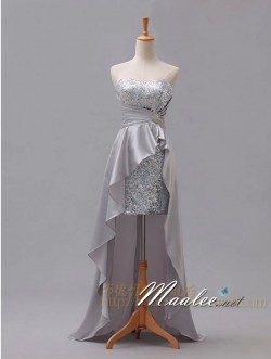 พร้อมส่ง (ตัวโชว์) ชุดราตรีสั้น เกาะอก เซ็กซี่หน้าสั้นหลังยาว แต่งเลื่อมประดับเข็มกลัด สีเทา