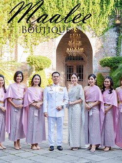 เช่า ชุดไทย ชุดเพื่อนเจ้าสาว ชุดไทยผ้าถุงสีเทาชมพูเงิน สไบเรียบสีกลีบบัว