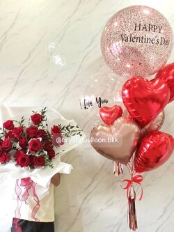 ลูกโป่ง วาเลนไทน์ Bubble ขนาด 24" 2 ลูก พร้อม ฟอยล์หัวใจ ขนาด 18" 5 ชิ้น พร้อมตกแต่ง ช่อดอกกุหลาบจีนสด คัดเกรด 1 ช่อ ช่อ 20 ดอก สามารถเปลี่ยนสีลูกโป่ง/เปลี่ยนข้อความได้