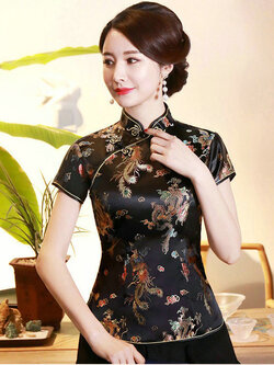 Pre-order เสื้อกี่เพ้า สีดำ ลายมังกรนกฟินิกซ์ ผ้าไหมจีน กุ๊นขอบ ตัดเย็บอย่างดี