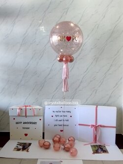 Surprise Box กล่องเซอร์ไพรส์วันครบรอบ Bubble ขนาด 24" กลิตเตอร์สีโรสโกลด์ พร้อมตกแต่ง สามารถใส่รูปได้ 4 ใบ สามารถเปลี่ยนสีลูกโป่ง/เปลี่ยนข้อความได้