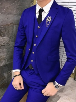 พร้อมเช่า ชุดสูทชาย สีน้ำเงินเข้ารูป แต่งกระดุมทอง (ไม่มีเสื้อกั๊ก)